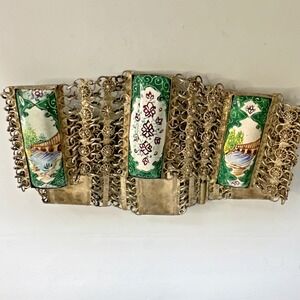 Antique Chinese Export Hand Enamel Panel Bracelet Mesh Silver Tone Pin Closure